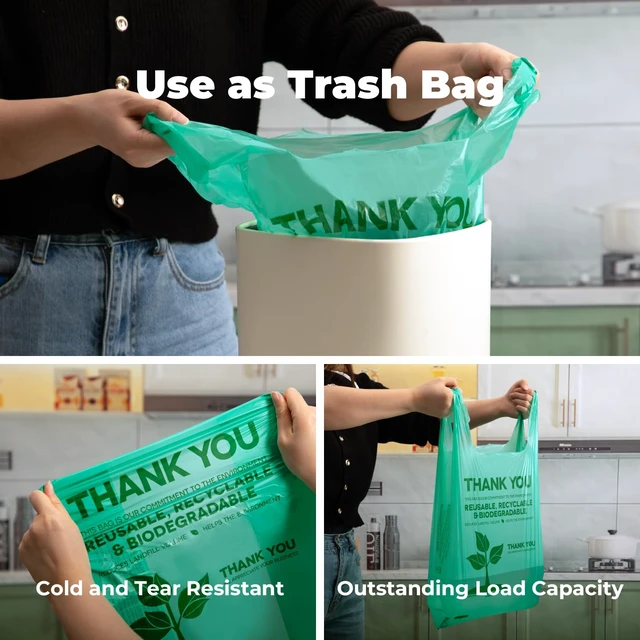 Alt view image 6 of 7 - Eco Biodegradable Plastic Grocery Bags - 100 Count with Handles, Thank You T-Shirt Shopping Bags Bulk for Small Business, Restaurant, Groceries, Supermarket