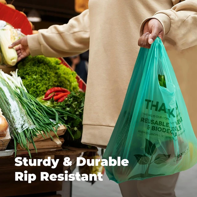 Alt view image 7 of 7 - Eco Biodegradable Plastic Grocery Bags - 100 Count with Handles, Thank You T-Shirt Shopping Bags Bulk for Small Business, Restaurant, Groceries, Supermarket