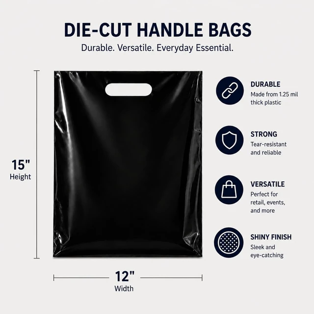 Alt view image 2 of 6 - 100 Count Black Plastic Merchandise Bags, 12" x 15", Die-Cut Handle Retail Shopping Bags, Plastic Gift Bags for Retail Stores and Events