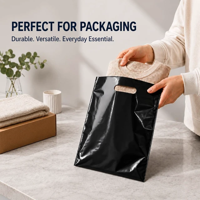 Alt view image 3 of 6 - 100 Count Black Plastic Merchandise Bags, 12" x 15", Die-Cut Handle Retail Shopping Bags, Plastic Gift Bags for Retail Stores and Events