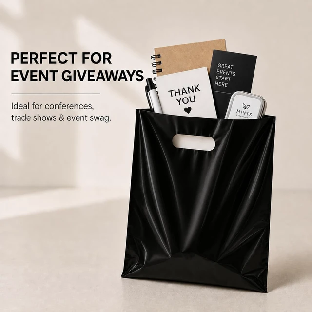 Alt view image 4 of 6 - 100 Count Black Plastic Merchandise Bags, 12" x 15", Die-Cut Handle Retail Shopping Bags, Plastic Gift Bags for Retail Stores and Events