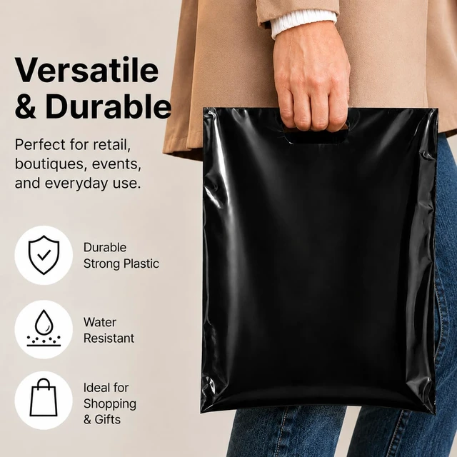 Alt view image 5 of 6 - 100 Count Black Plastic Merchandise Bags, 12" x 15", Die-Cut Handle Retail Shopping Bags, Plastic Gift Bags for Retail Stores and Events