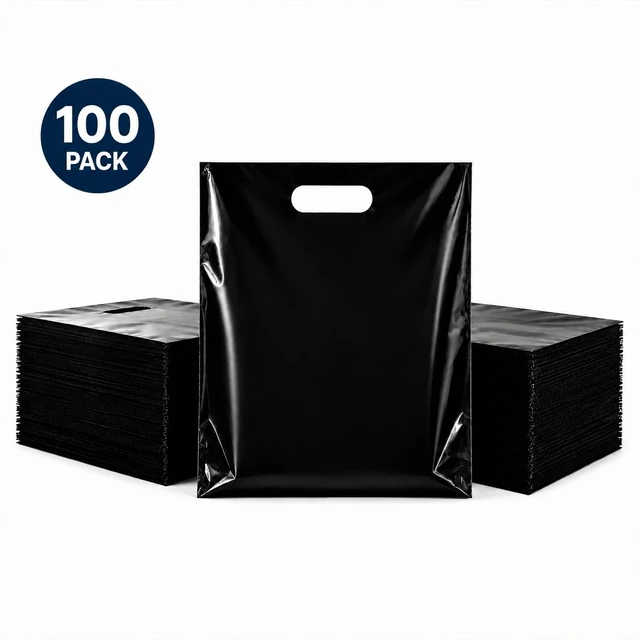 Alt view image 6 of 6 - 100 Count Black Plastic Merchandise Bags, 12" x 15", Die-Cut Handle Retail Shopping Bags, Plastic Gift Bags for Retail Stores and Events