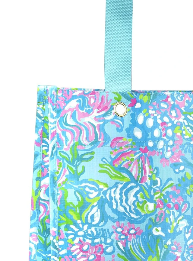 Alt view image 3 of 6 - Market Shopper Bag, Aqua La Vista | Blue & Green Weather Resistant, Durable, Reusable Grocery Tote with Wide Comfortable Shoulder Straps and Flat Base
