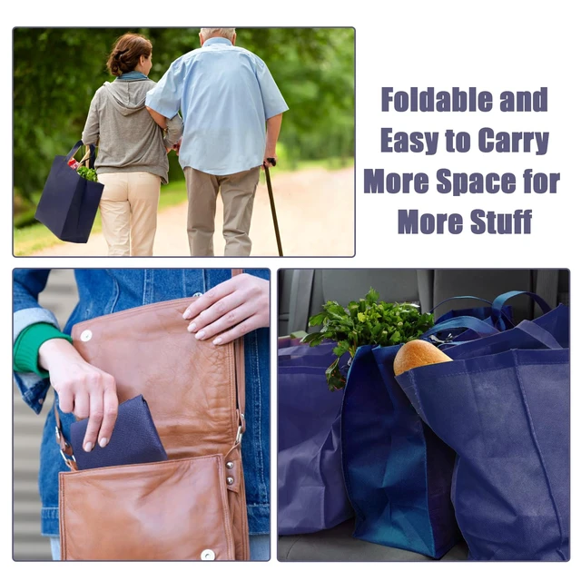 Alt view image 2 of 7 - Grocery Bags with Handles Non Woven Shopping Tote Bags Bulk | Foldable, Blank Navy Blue Handbag for Kitchen, Groceries, Boutiques, Events, Party Favors