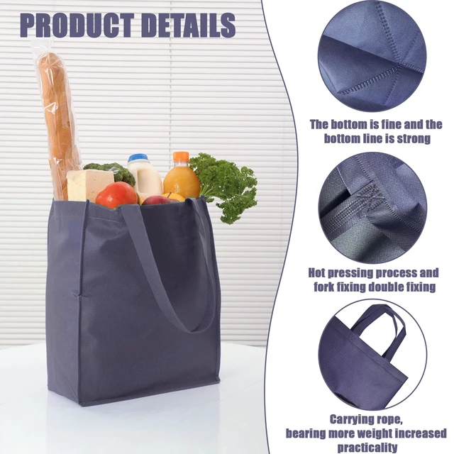 Alt view image 4 of 7 - Grocery Bags with Handles Non Woven Shopping Tote Bags Bulk | Foldable, Blank Navy Blue Handbag for Kitchen, Groceries, Boutiques, Events, Party Favors