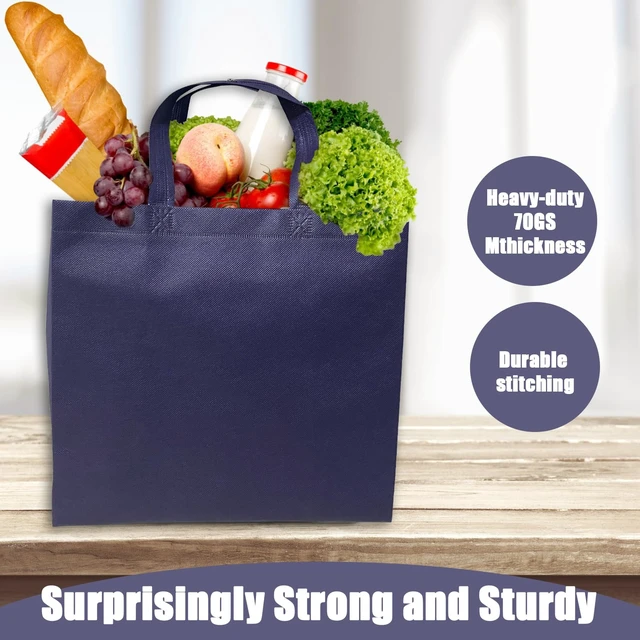 Alt view image 5 of 7 - Grocery Bags with Handles Non Woven Shopping Tote Bags Bulk | Foldable, Blank Navy Blue Handbag for Kitchen, Groceries, Boutiques, Events, Party Favors