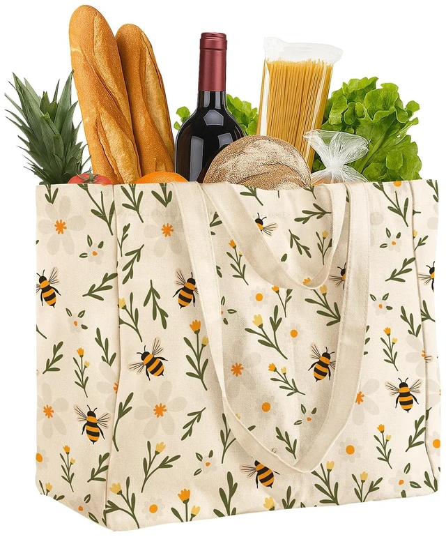 Main image of Extra Large Canvas Grocery Tote Bag, Wild Flowers & Bee, 1-pack | 6 Inner Pockets, 2 Handle Straps, Reusable Washable Foldable Shopping Shoulder Bag