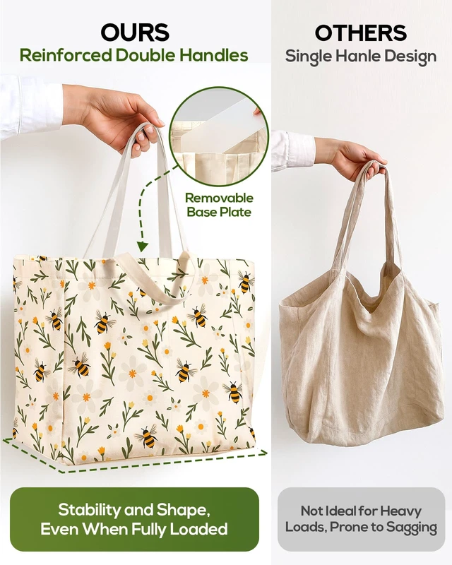 Alt view image 4 of 6 - Extra Large Canvas Grocery Tote Bag, Wild Flowers & Bee, 1-pack | 6 Inner Pockets, 2 Handle Straps, Reusable Washable Foldable Shopping Shoulder Bag