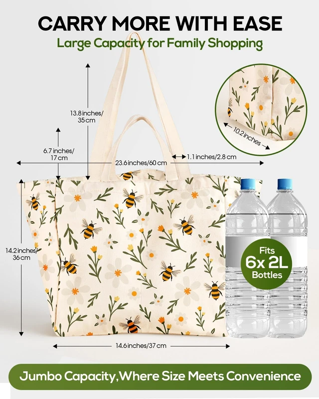 Alt view image 3 of 6 - Extra Large Canvas Grocery Tote Bag, Wild Flowers & Bee, 1-pack | 6 Inner Pockets, 2 Handle Straps, Reusable Washable Foldable Shopping Shoulder Bag