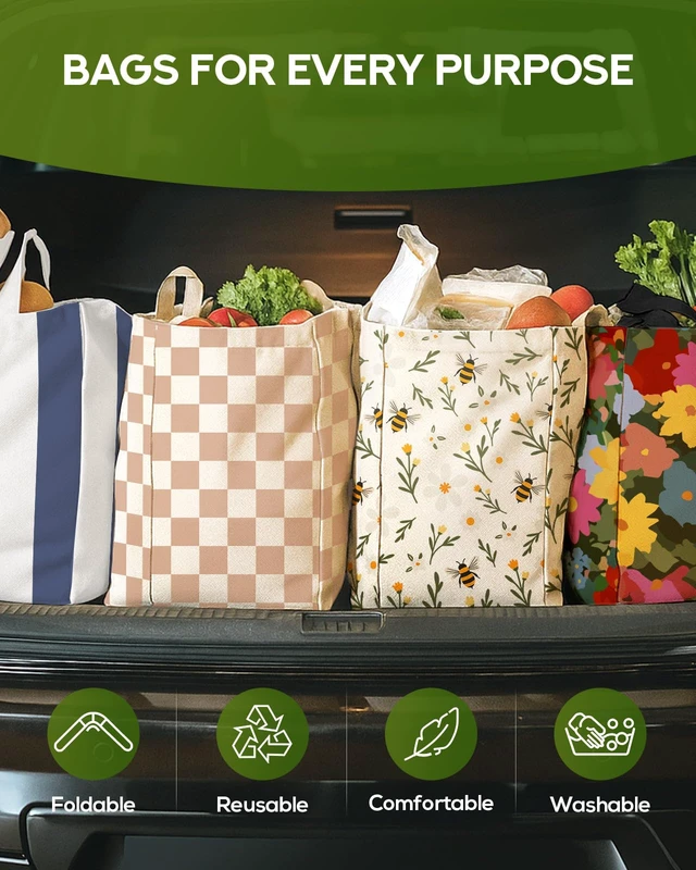 Alt view image 5 of 6 - Extra Large Canvas Grocery Tote Bag, Wild Flowers & Bee, 1-pack | 6 Inner Pockets, 2 Handle Straps, Reusable Washable Foldable Shopping Shoulder Bag