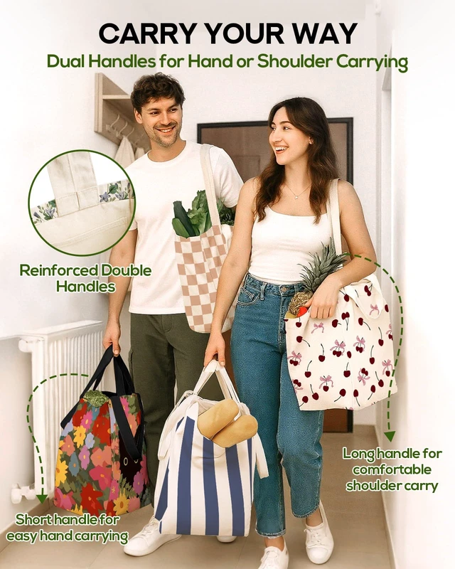 Alt view image 6 of 6 - Extra Large Canvas Grocery Tote Bag, Wild Flowers & Bee, 1-pack | 6 Inner Pockets, 2 Handle Straps, Reusable Washable Foldable Shopping Shoulder Bag