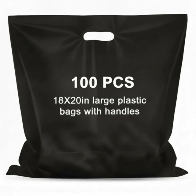 Main image of 100 Pcs 18"x20" Black Plastic Bags with Handles Large Merchandise Shopping Bags for Small Business, Retail, Boutique Stores, Gifts