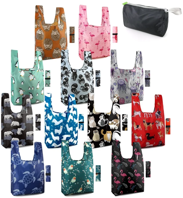 Main image of Reusable Grocery Bags Foldable 12 Pack Large Cute Totes - Heavy Duty Washable Holiday Cloth Gifts Bag with Handles, Reusable Gift Bulk Shopping Bags for Groceries for Women Animal Lover