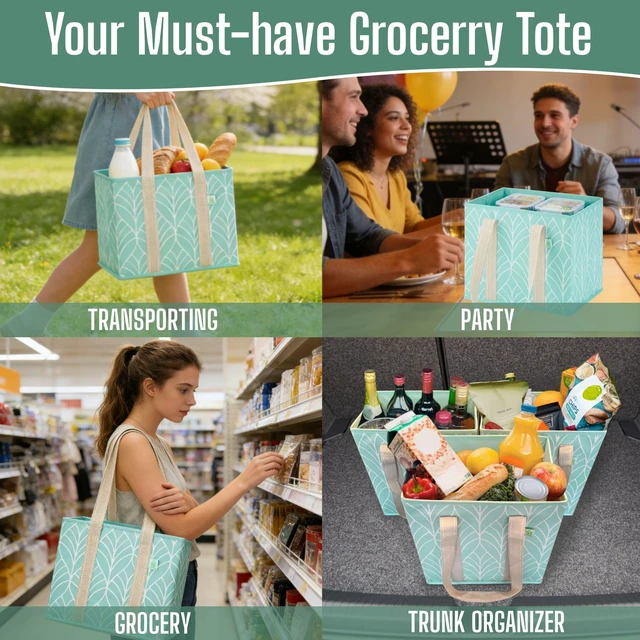 Alt view image 2 of 7 - 3 Pack Heavy Duty Reusable Grocery Shopping Bags Utility Tote | Water Resistant, Storage Box with Sturdy Handles & Hard Bottom, Foldable for Groceries Shopping Cart(Evergreen, 6 Gallon)