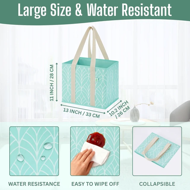 Alt view image 3 of 7 - 3 Pack Heavy Duty Reusable Grocery Shopping Bags Utility Tote | Water Resistant, Storage Box with Sturdy Handles & Hard Bottom, Foldable for Groceries Shopping Cart(Evergreen, 6 Gallon)
