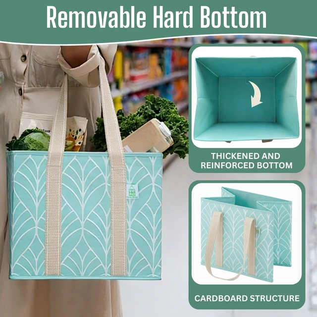Alt view image 5 of 7 - 3 Pack Heavy Duty Reusable Grocery Shopping Bags Utility Tote | Water Resistant, Storage Box with Sturdy Handles & Hard Bottom, Foldable for Groceries Shopping Cart(Evergreen, 6 Gallon)