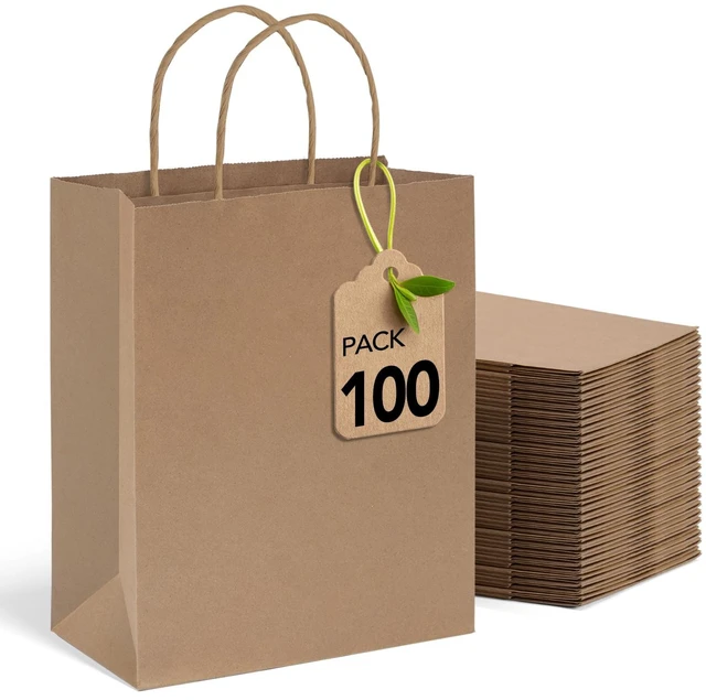 Main image of Brown Kraft Paper Bags 10x5x13 Inch 100Pcs Gift Bags with Handles | Large Kraft Bulk Recycled Shopping Bags for Business Merchandise Retail, Birthday Party Favors, Grocery Packaging
