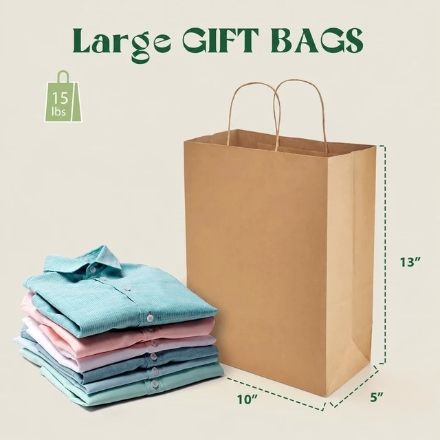 Alt view image 3 of 7 - Brown Kraft Paper Bags 10x5x13 Inch 100Pcs Gift Bags with Handles | Large Kraft Bulk Recycled Shopping Bags for Business Merchandise Retail, Birthday Party Favors, Grocery Packaging