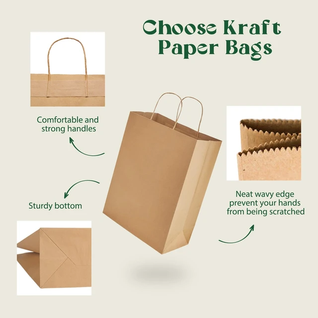 Alt view image 4 of 7 - Brown Kraft Paper Bags 10x5x13 Inch 100Pcs Gift Bags with Handles | Large Kraft Bulk Recycled Shopping Bags for Business Merchandise Retail, Birthday Party Favors, Grocery Packaging
