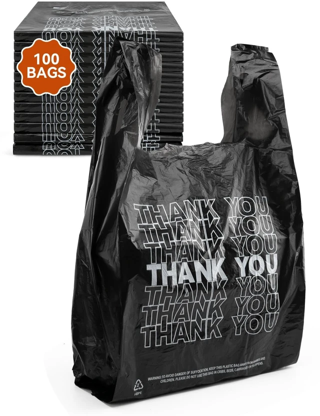 Main image of 100 Count Thank You Bags, 12 x 6 x 22 in, 15 Mic Black Bags | Reliable Carryout and Shopping Bags with Reinforced Handles for Retail, Grocery, Restaurant and Takeout Use