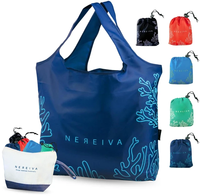 Main image of in a Carry Pouch, Large Foldable Reusable Grocery Shopping Tote Bags | Holds 55lbs, Washable, 5 Bag Colors Make Sorting Easy, Reinforced Handles, Loved for Travel, Fold into Tiny Pouch, Recycled