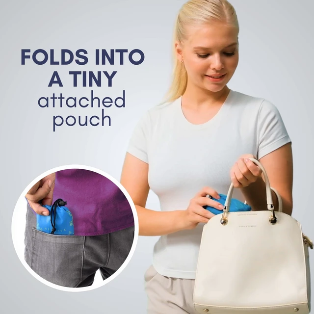 Alt view image 7 of 7 - in a Carry Pouch, Large Foldable Reusable Grocery Shopping Tote Bags | Holds 55lbs, Washable, 5 Bag Colors Make Sorting Easy, Reinforced Handles, Loved for Travel, Fold into Tiny Pouch, Recycled