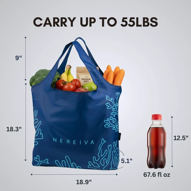 Alt view image 6 of 7 - in a Carry Pouch, Large Foldable Reusable Grocery Shopping Tote Bags | Holds 55lbs, Washable, 5 Bag Colors Make Sorting Easy, Reinforced Handles, Loved for Travel, Fold into Tiny Pouch, Recycled
