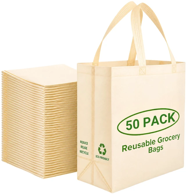 Main image of 50 Pack Reusable Grocery Bags, Large Tote Bags Bulk, Cream | 14.5"x14"x6.6" Heavy Duty Non-woven Custom Shopping Bags with Handles, Foldable, Washable for Groceries and Commercial use