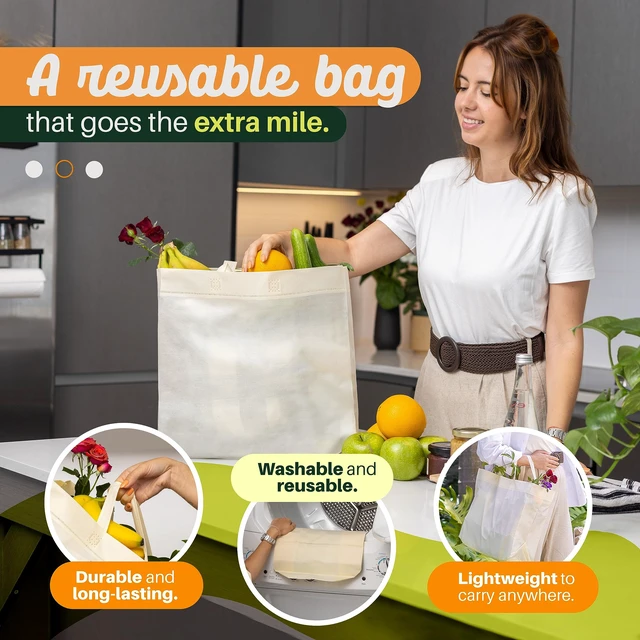 Alt view image 3 of 6 - 50 Pack Reusable Grocery Bags, Large Tote Bags Bulk, Cream | 14.5"x14"x6.6" Heavy Duty Non-woven Custom Shopping Bags with Handles, Foldable, Washable for Groceries and Commercial use