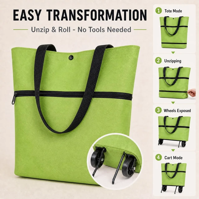 Alt view image 2 of 7 - Shopping Bag with Wheels, 2-in-1 Foldable Shopping Cart, Waterproof Rolling Grocery