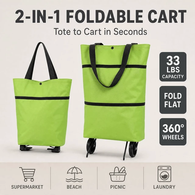 Alt view image 3 of 7 - Shopping Bag with Wheels, 2-in-1 Foldable Shopping Cart, Waterproof Rolling Grocery