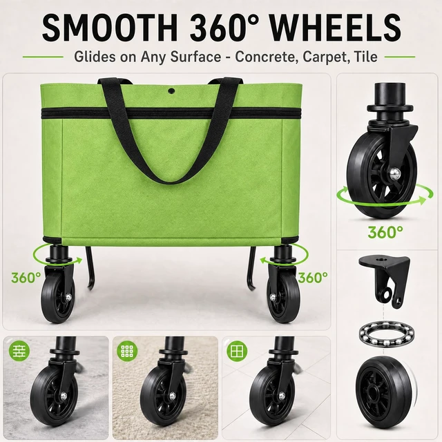 Alt view image 6 of 7 - Shopping Bag with Wheels, 2-in-1 Foldable Shopping Cart, Waterproof Rolling Grocery