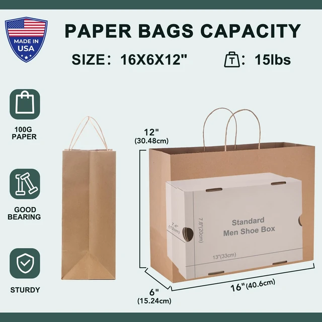 Alt view image 2 of 7 - Large Brown Paper Bags with Handles 16x6x12 Inch 100 Pack | Heavy Duty Craft Shopping Bags Bulk,Kraft Gift Bags Recycled for Merchandise,Takeout, Retail, Party Favors & Grocery,Business