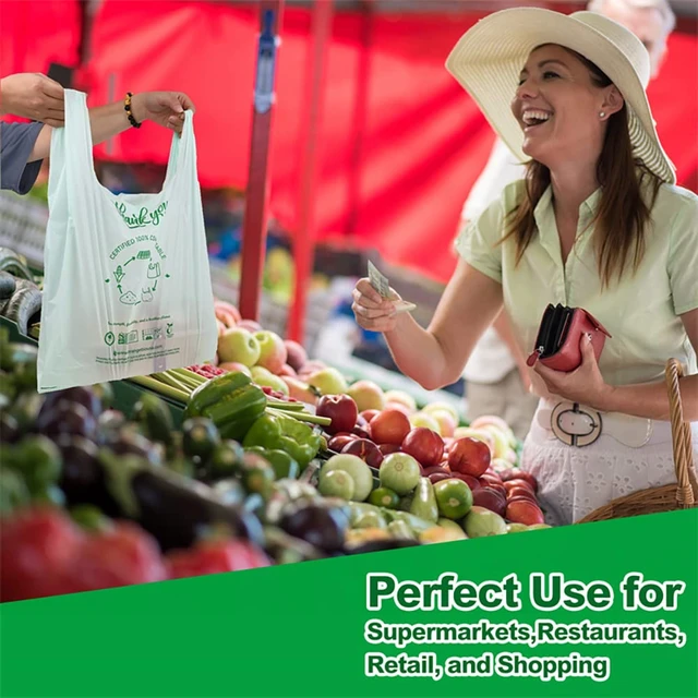 Alt view image 7 of 7 - Home Compostable Shopping Bags, 200ct, 12"x 6" x 20" (Extra Thick), Hold 20 lbs, Thank You/Grocery/Take Out/T Shirt/To-Go Bags for Retail, Grocery Store