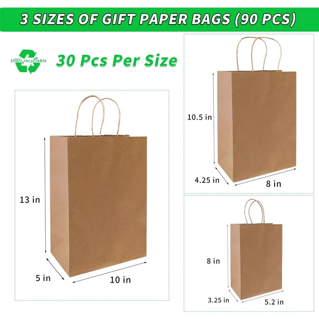 Alt view image 2 of 6 - 90-Pack Brown Kraft Paper Bags with Handles Bulk, Assorted Sizes Gift BagsGroceryRetailPartyBirthdayShoppingBusinessGoodyCraftMerchandise Take Out Sacks