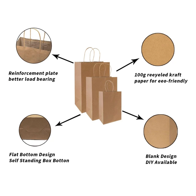 Alt view image 3 of 6 - 90-Pack Brown Kraft Paper Bags with Handles Bulk, Assorted Sizes Gift BagsGroceryRetailPartyBirthdayShoppingBusinessGoodyCraftMerchandise Take Out Sacks
