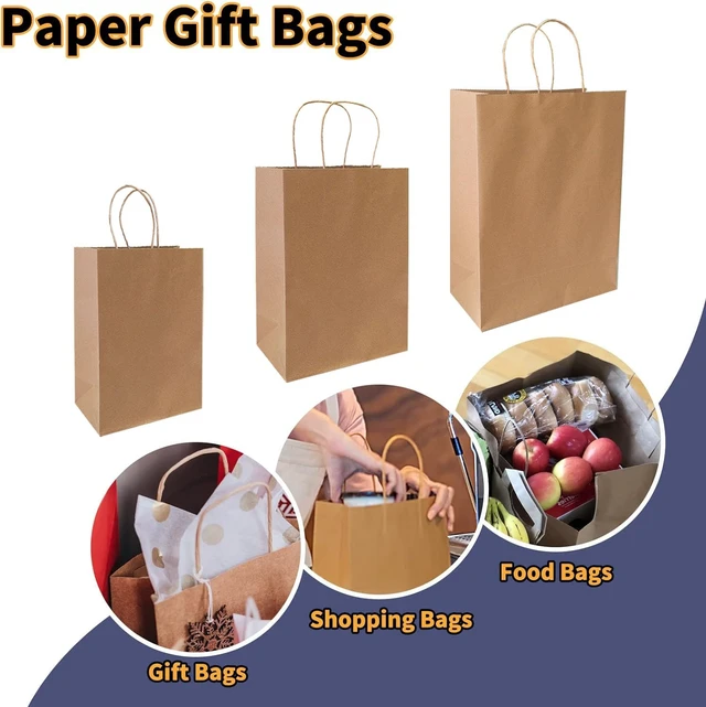 Alt view image 4 of 6 - 90-Pack Brown Kraft Paper Bags with Handles Bulk, Assorted Sizes Gift BagsGroceryRetailPartyBirthdayShoppingBusinessGoodyCraftMerchandise Take Out Sacks