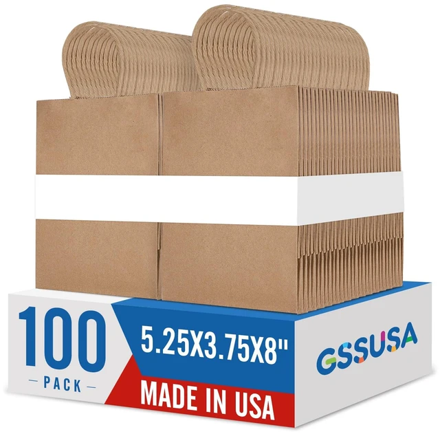 Main image of 100 Pack Paper Gift Bags 5.25x3.75x8 Inch Small Brown Paper Bags with Handles Bulk, Brown Kraft Bag for Small Business, Sturdy Grocery Retail Shopping Birthday Party Favor Craft Bag Made in USA