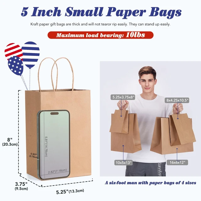 Alt view image 2 of 7 - 100 Pack Paper Gift Bags 5.25x3.75x8 Inch Small Brown Paper Bags with Handles Bulk, Brown Kraft Bag for Small Business, Sturdy Grocery Retail Shopping Birthday Party Favor Craft Bag Made in USA
