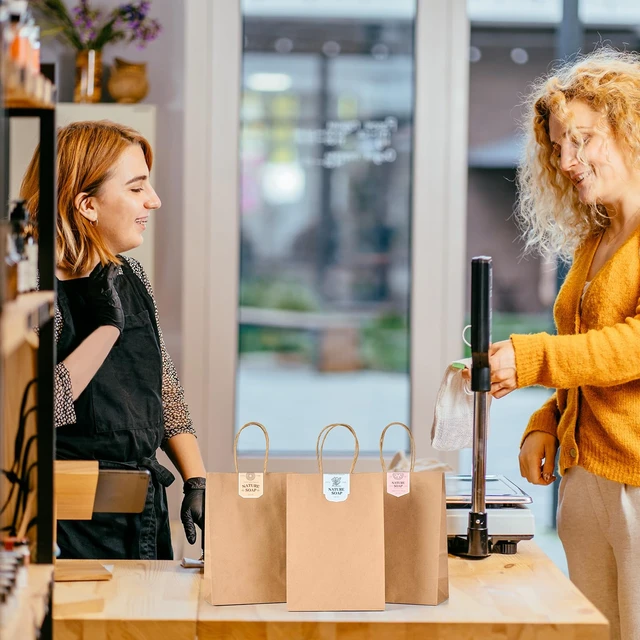 Alt view image 6 of 7 - 100 Pack Paper Gift Bags 5.25x3.75x8 Inch Small Brown Paper Bags with Handles Bulk, Brown Kraft Bag for Small Business, Sturdy Grocery Retail Shopping Birthday Party Favor Craft Bag Made in USA