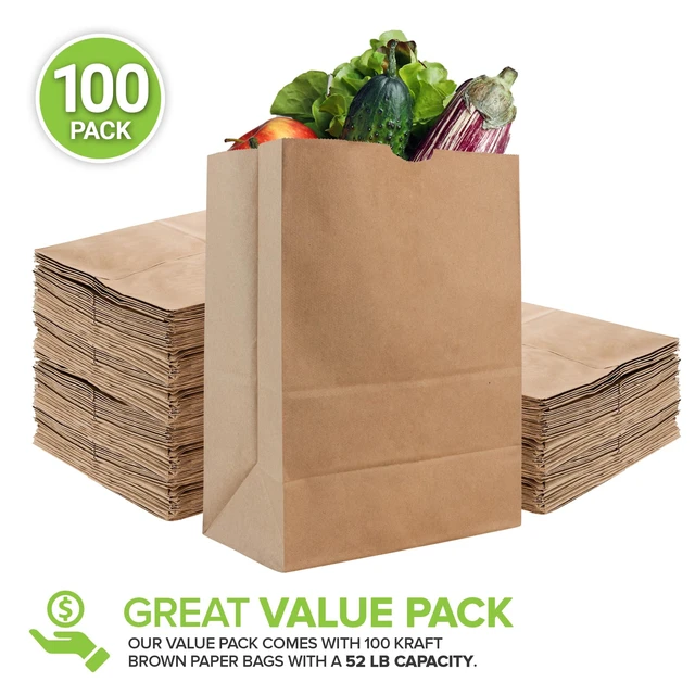 Alt view image 2 of 7 - 52 lb Kraft Brown Paper Bags (100 Count) Bulk Large Grocery Bags for Shopping
