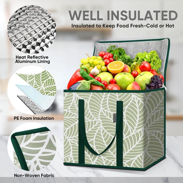 Alt view image 2 of 7 - Insulated Reusable Grocery Bags with Zippered Top, Large Cooler Bag | Foldable, Wrap-Around Handles, Large Capacity, Reinforced Bottom Stitching, Water-Resistant, Easy to Clean