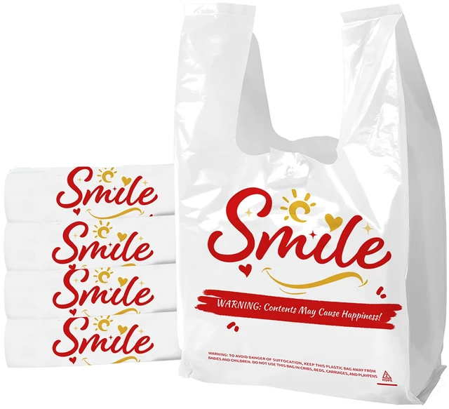 Main image of 100 Pack White Smile Plastic Bag - 11.5"x6.5"x21" T-Shirt Grocery Bags with Handles, Cheerful Alternative to Thank You Bags, Bulk for Retail, Supermarkets & Small Business