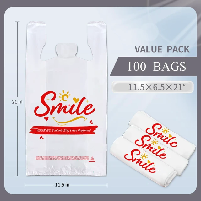 Alt view image 5 of 7 - 100 Pack White Smile Plastic Bag - 11.5"x6.5"x21" T-Shirt Grocery Bags with Handles, Cheerful Alternative to Thank You Bags, Bulk for Retail, Supermarkets & Small Business