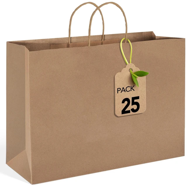 Main image of 25 Pack Large Brown Paper Bags with Handles, 16x6x12 Inch Kraft Gift Sacks Bulk for Small Business, Retail, Shopping, Grocery, Food Service Take Out, Party Favors