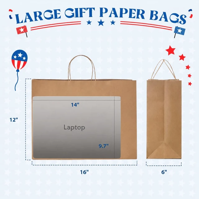 Alt view image 2 of 7 - 25 Pack Large Brown Paper Bags with Handles, 16x6x12 Inch Kraft Gift Sacks Bulk for Small Business, Retail, Shopping, Grocery, Food Service Take Out, Party Favors