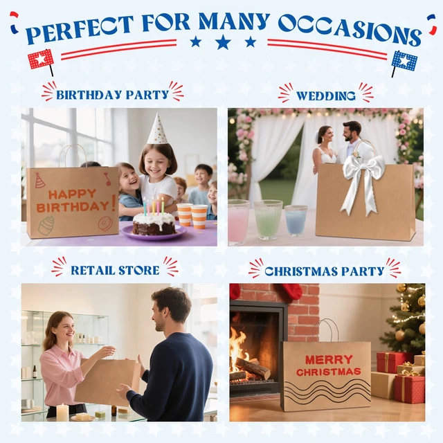 Alt view image 7 of 7 - 25 Pack Large Brown Paper Bags with Handles, 16x6x12 Inch Kraft Gift Sacks Bulk for Small Business, Retail, Shopping, Grocery, Food Service Take Out, Party Favors