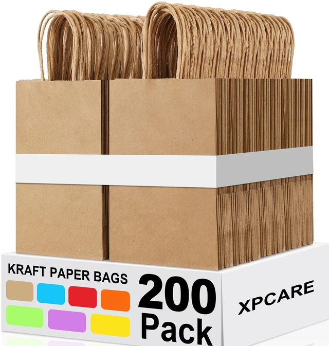 Main image of Brown Paper Bags with Handles, 200Pcs 5.25x3.25x8.25'' Kraft Bags | Small Medium Paper Bags with Handles Bulk Treat Bags Kraft Paper Gift Bag for Retail Party Shopping Party Favor