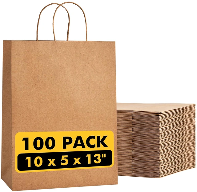 Main image of Large Brown Kraft Paper Bags 100 Pack 10x5x13 in with Handles | Recycled Kraft Paper, Reinforced Handles, Tear-Resistant, for Grocery, Retail, Birthday, Wedding, Business, Eco-Friendly